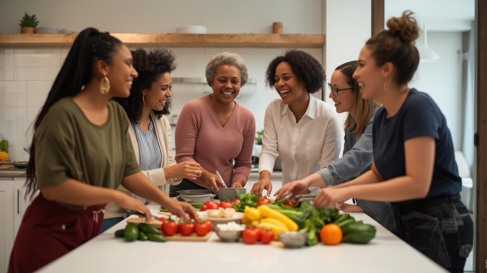 A diverse group of people smiling and preparing a healthy meal together in a modern, accessible shared living kitchen in Melbourne.