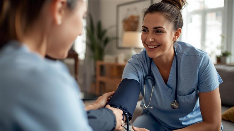 A friendly qualified nurse takes a patient's blood pressure in a comfortable home living room, showcasing professional and compassionate community nursing care.