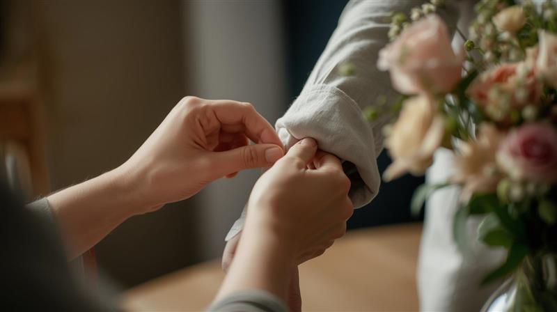 A support worker's hands gently assisting a participant with buttoning a shirt cuff, symbolising respectful and dignified personal care.