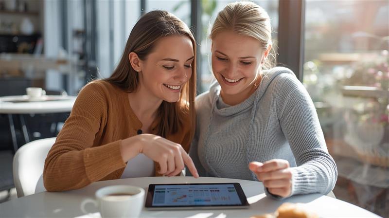 A Support Coordinator and an NDIS participant smiling while discussing a plan together on a tablet in a cozy café.